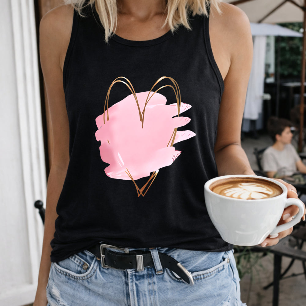 Pink Heart Brush Stroke Women's Color Cotton Tank Top in Black