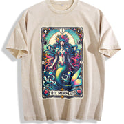 Tarot Skeleton Mermaid Tarot Card Skull Dog Mom Tarot Cat vintage washed oversized T-shirt in Beige