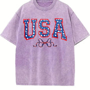 Embroidered USA Bow Coquette Vintage Washed T-Shirt in Purple