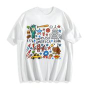 Happy 250 America USA Doodle Cotton T-Shirt in White
