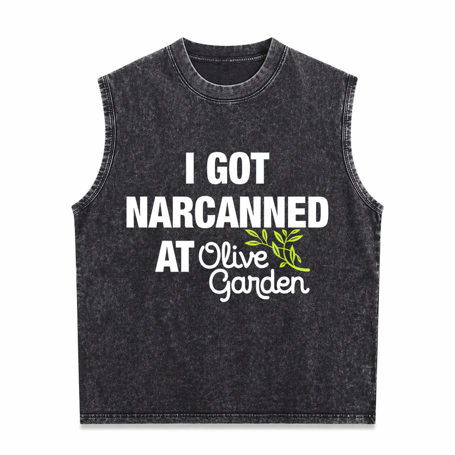 I Got Narcanned at Olive Garden Vintage Washed Tank Top in Black