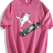Skateboarding Cat Y2k Cat Vintage Washed T-Shirt in Red