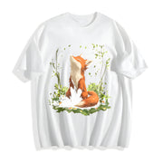 Autumn a Spring Floral and Fox Round-neck Short-sleeve Cotton T-Shirt in White