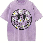 Daisy Floral Happy Face Vintage Washed T-Shirt in Purple