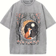 Sister Autumn Dead Tree Flowers Night Fox Appreciation Vintage Washed T-Shirt in Gray