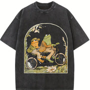 Frog and Toad on Bike Lovers Vintage Washed T-Shirt in Black