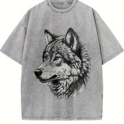 Retro Wolf Face Hand Drawing 90s Vintage Washed T-Shirt in Gray