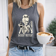 Skeleton Holding Coffee Cup Never Better Crew-neck Women's Color Cotton Tank Top in Gray