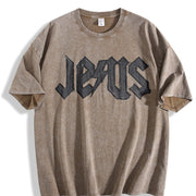 Jesus Embroidered Christian Vintage Washed T-Shirt in Brown