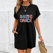 New Long Black Patterned Dress Cotton T-Shirt in Black