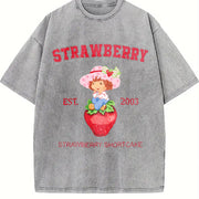 Adult Strawberry Shortcake Red Berry Dessert for HerHim vintage washed oversized T-shirt in Gray