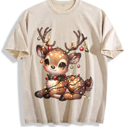 Christmas Reindeer & Deer Vintage Washed T-Shirt in Beige