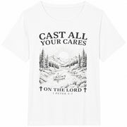 Christian Cast All Your Cares Lord 1 Peter 5:7 Nature Cotton T-Shirt in White