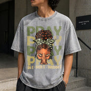 Pray on It Pray Over It Black Woman Afro Christian Sayings Vintage Washed T-Shirt in Gray
