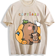 Capybara Bubble Tea Vintage Washed T-Shirt in Beige