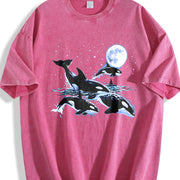 Orca Whale 90s Retro Moonlight Ocean Vintage Washed T-Shirt in Red