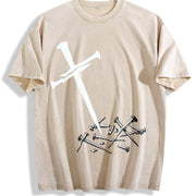 Grunge Vibes for the Urban Explorer: Inverted Cross On Vintage Washed T-Shirt in Beige