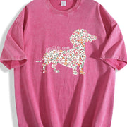 Floral Dachshund Wiener Dog Vintage Washed T-Shirt in Red