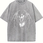 Gothic Y2k Anime Angel Black vintage washed oversized T-shirt in Gray