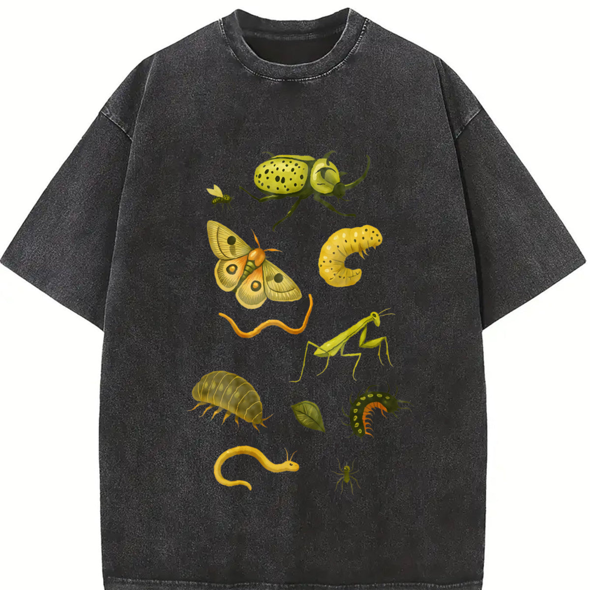 Bug Insect Illustration Vintage Washed T-Shirt in Black