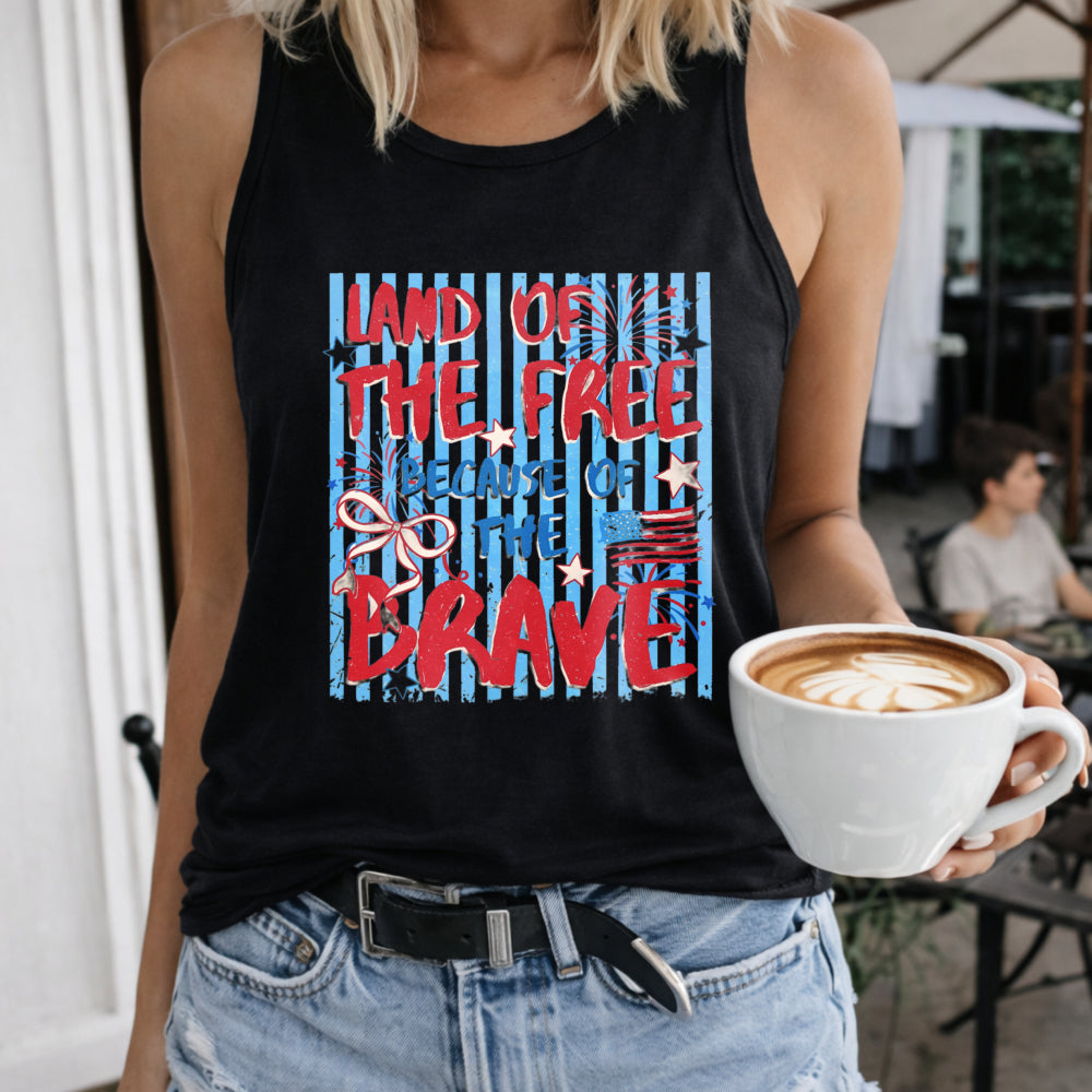 Land of the Free Because of the Brave Women's Color Cotton Tank Top in Black