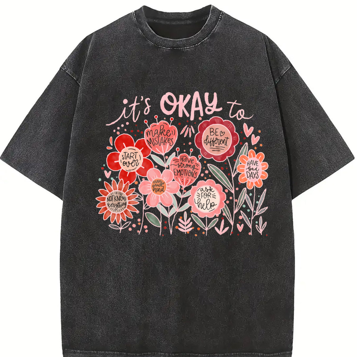 It's Okay to boho floral Flower Wildflower vintage washed oversized T-shirt in Black