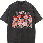 It's Okay to boho floral Flower Wildflower vintage washed oversized T-shirt in Black