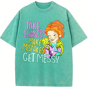 Take Chances Make Mistakes Get Messy Ms. Frizzle vintage washed oversized T-shirt in Blue