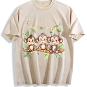 With Three Monkeys on Branch Yellow Flowers and Green Vintage Washed T-Shirt in Beige