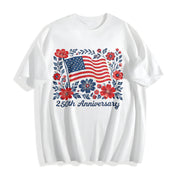 4th July 250th Year Floral USA Flag Cotton T-Shirt in White