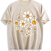 Retro Flowers Daisy Flower Vintage Washed T-Shirt in Beige