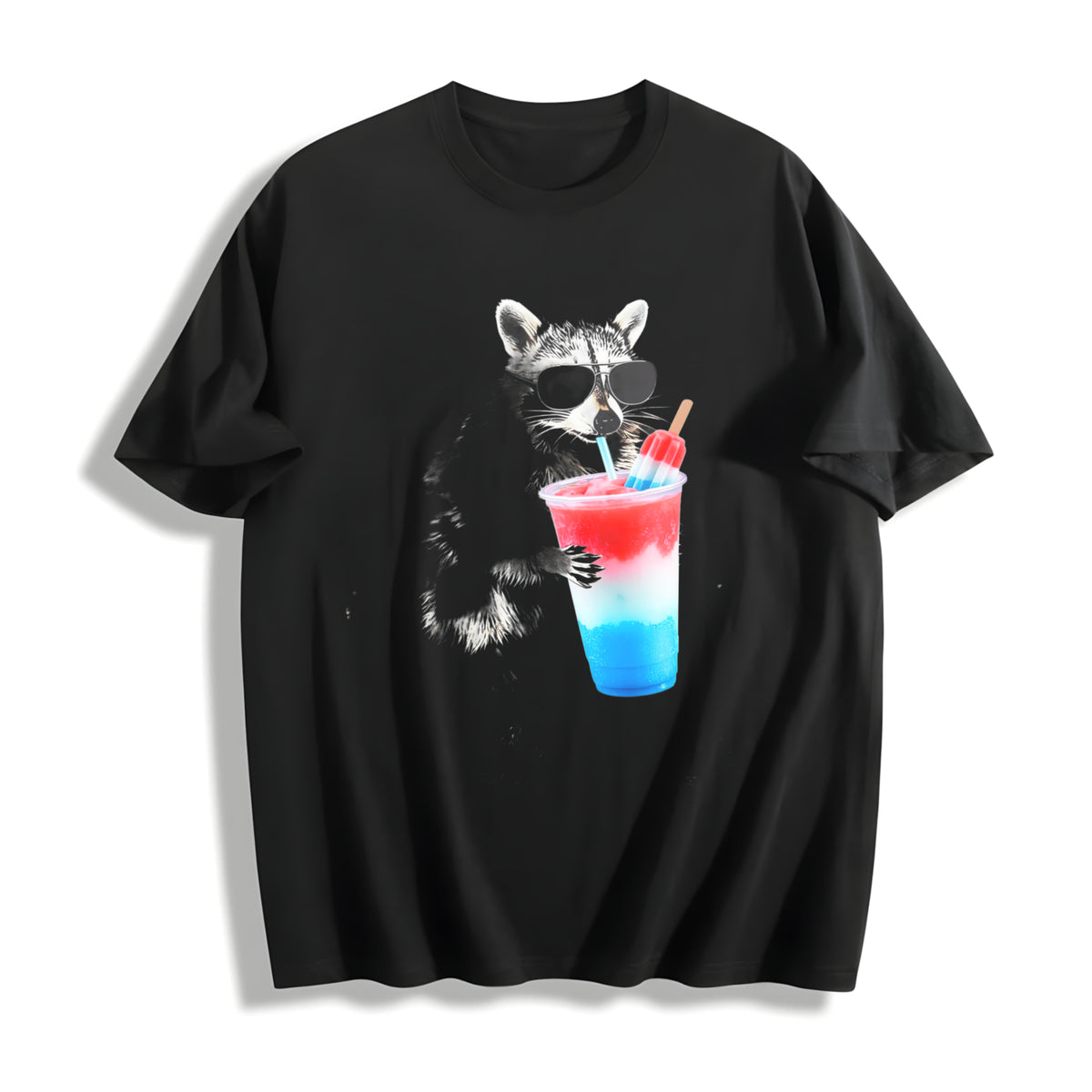4th of July Raccoon Drinking Patriotic Slushie Cotton T-Shirt in Black