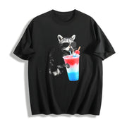 4th of July Raccoon Drinking Patriotic Slushie Cotton T-Shirt in Black