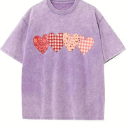 Red Check Floral Love Vintage Washed T-Shirt in Purple