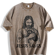 Retro Religious Jesus Hugs Raccoon Christ Vintage Washed T-Shirt in Brown
