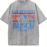 Red White and Busch Light American Flag Mountain Double Vintage Washed T-Shirt in Gray