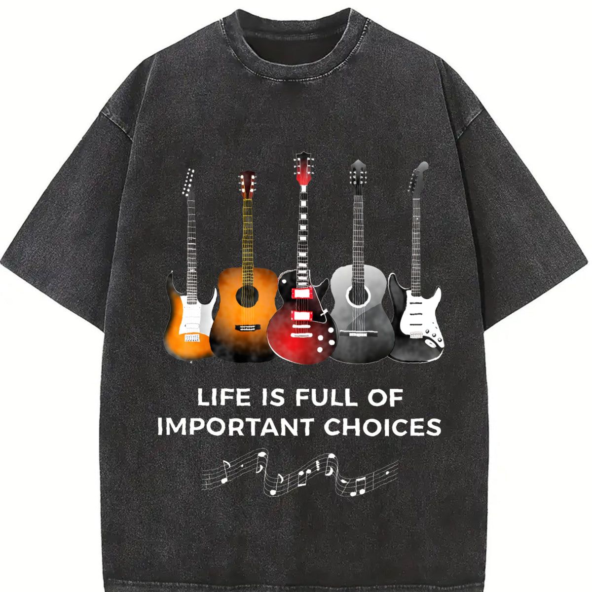 With Music Note & Guitar Lyric Vintage Washed T-Shirt in Black