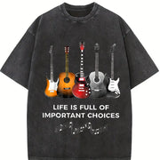 With Music Note & Guitar Lyric Vintage Washed T-Shirt in Black
