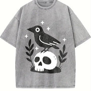 Witchy Crow Skull Moon and Stars Gothic Raven vintage washed oversized T-shirt in Gray