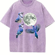 Blue Jay Moon 90s Retro Celestial Bird Watcher Vintage Washed T-Shirt in Purple