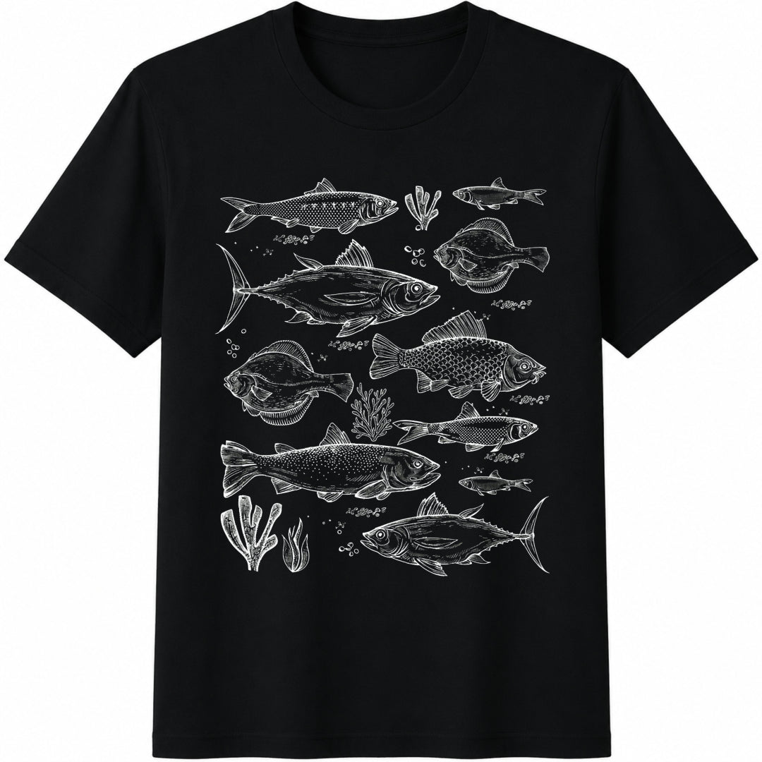 Ocean Fish Retro Fishing Cotton T-Shirt in Black