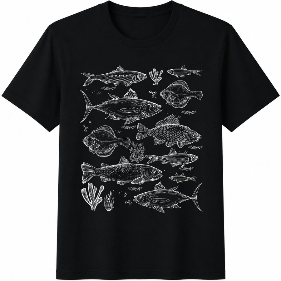Ocean Fish Retro Fishing Cotton T-Shirt in Black