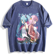 Hatsune Miku singer music anime Hip Hop vintage washed oversized T-shirt in Blue