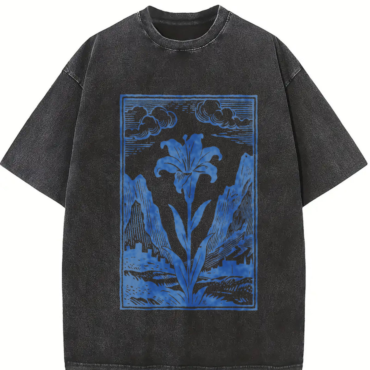 Lily Flower Medieval Renaissance Linocut Art Vintage Washed T-Shirt in Black