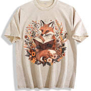 Ladies' Bohemian Short-sleeve Floral with a an Elegant Fox Vintage Washed T-Shirt in Beige