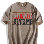 My Wife Beats Me American Flag Husband and Wife Vintage Washed T-Shirt in Brown