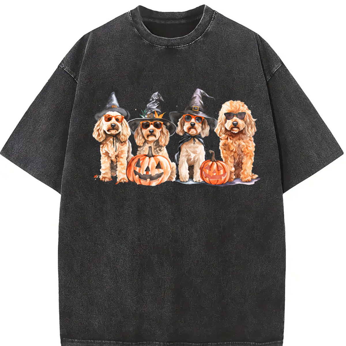 Goldendoodle Halloween Vintage Washed T-Shirt in Black