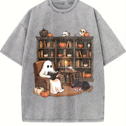 Retro Ghost Reading Books Vintage Washed T-Shirt in Gray