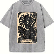 The Monstera Deliciosa Tarot Card Green Witch Plant Lover vintage washed oversized T-shirt in Gray