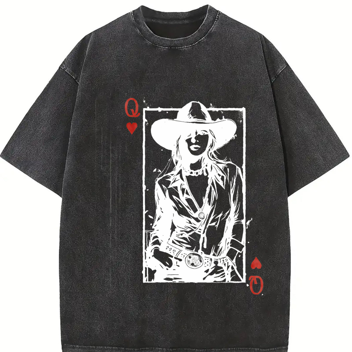 Western Valentine Cowgirl Queen of Hearts Card vintage washed oversized T-shirt in Black